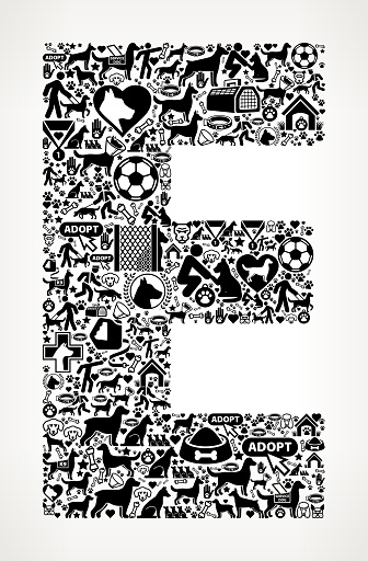 Letter E Dog and Canine Pet Black Icon Pattern The dog icons are black in color and the icon shape is formed as a negative space on white background.  The dog icon pattern is flat and the vector icons vary in size. Icon download includes vector graphic and jpg file.