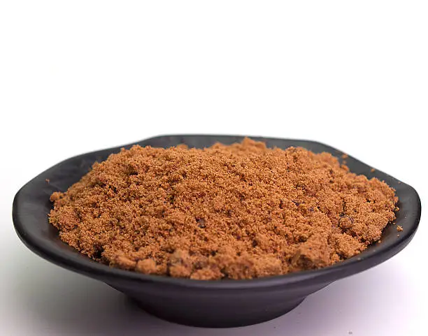 Brown sugar in bowl ,Put on a white background.