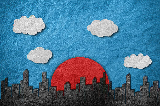 Buildings in city with red sun, white cloud and blue sky, leather paper cut style