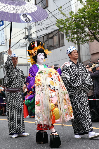Tokyo, Japan - April 9, 2016: Oiran Dochu Procession is a parade of Japanese traditional courtesans, held on the second Saturday of April. An intangible asset representing the culture of the Edo era.