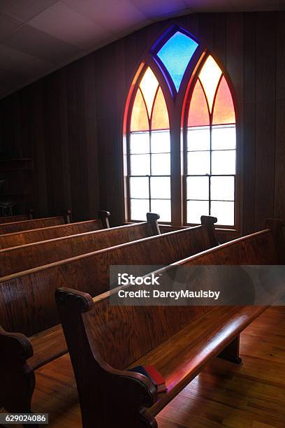 Iowa Country Church Stained Glass Window Stock Photo - Download Image Now - Church, Pew, Rural Scene