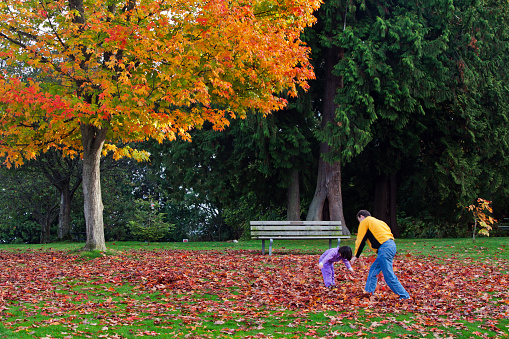 Vancouver,British Columbia,Canada - October 18,2014: Father and daughter are playing with fallen leaves at park in fall.