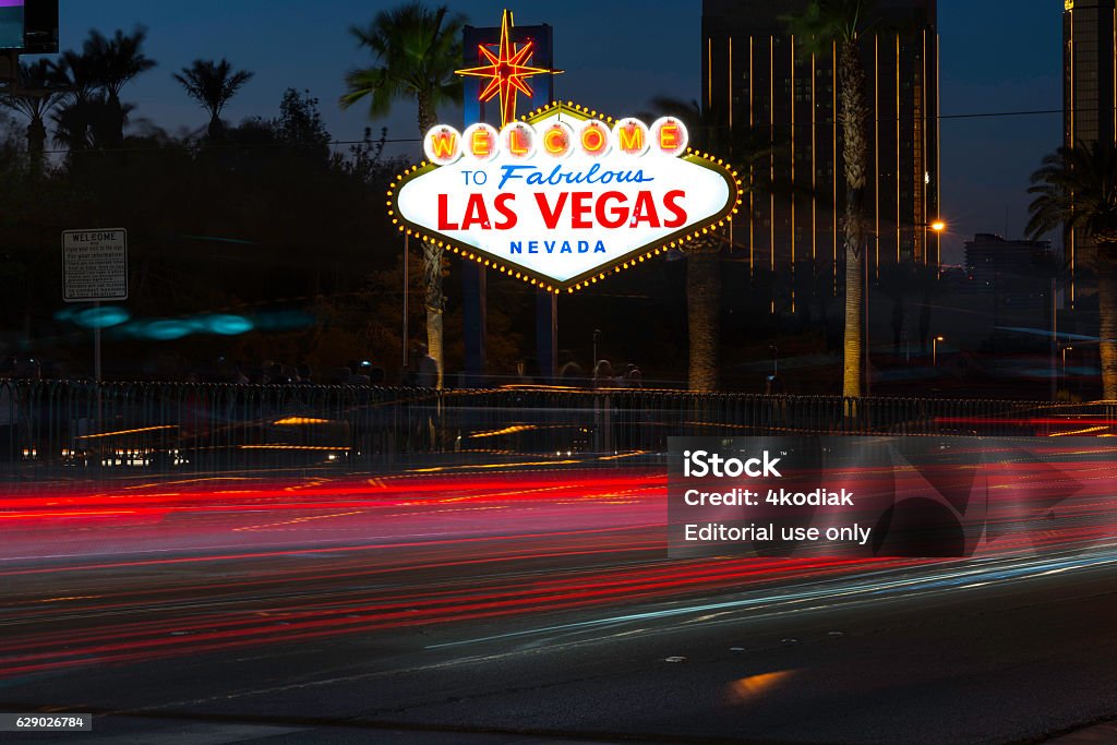 Las Vegas Sign with night traffic Long exposure shot of Welcome to Las Vegas sign Las Vegas Stock Photo