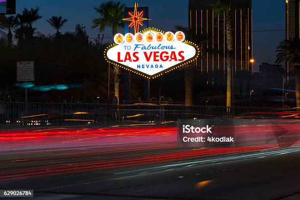 Las Vegas Sign With Night Traffic Stock Photo - Download Image Now - Las Vegas, Vitality, Night