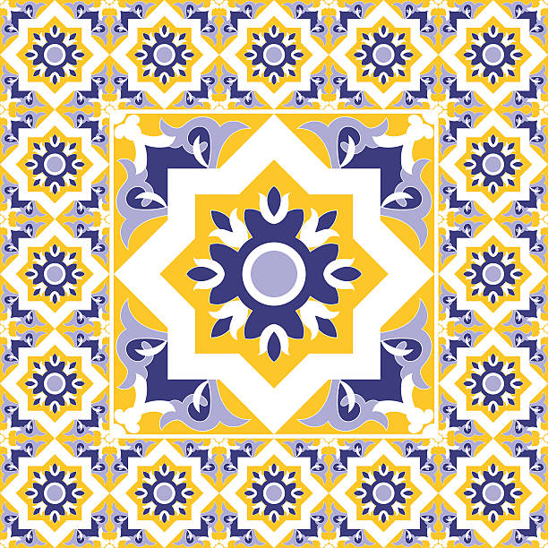 Tiles floor - vintage pattern vector Tiles floor - vintage pattern vector with ceramic cement tiles. Big tile in center is framed in small. Background with portuguese azulejo, mexican, moroccan, spanish, arabic motifs. mexican tile cross stock illustrations