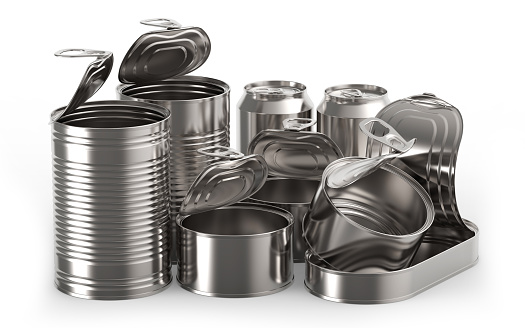 Metal tin cans on white background 3D rendering