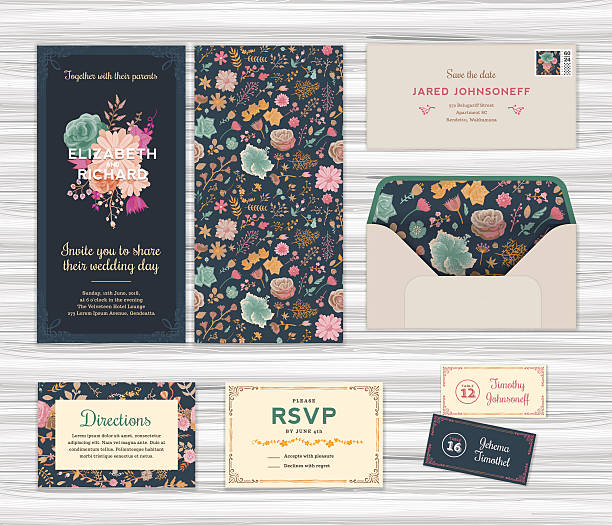 ilustrações de stock, clip art, desenhos animados e ícones de floral wedding invitation template set - envelope invitation greeting card blank