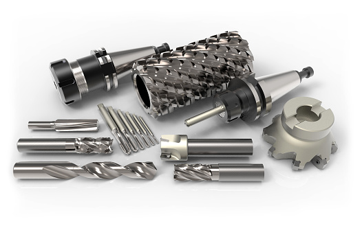Metal milling tools for cnc machine on white background 3D rendering