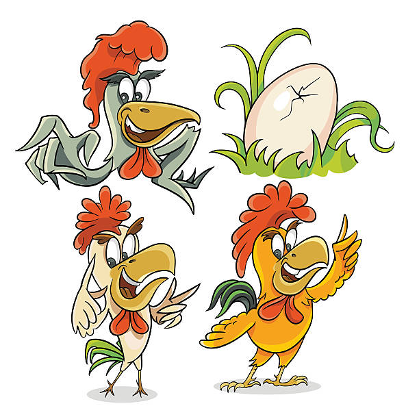 illustrazioni stock, clip art, cartoni animati e icone di tendenza di tre diversi galli e l'uovo - animal egg chicken new cracked