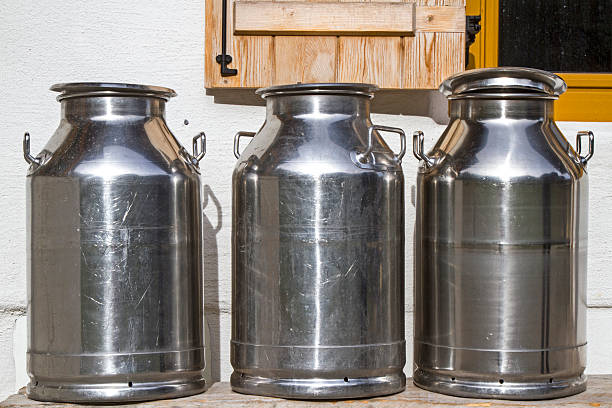istock Milk cans in front of the mountain hut 629036742