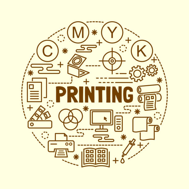 illustrazioni stock, clip art, cartoni animati e icone di tendenza di stampa di icone minime a linee sottili impostate - printing press print printout colors
