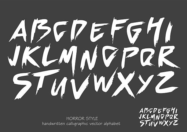 Alphabet vector set of white capital  letters on black background. Alphabet vector set of white capital handwritten letters on black background. Handwritten italic font with brush strokes in horror style.Alphabet vector set of white capital handwritten letters on black background. Handwritten italic font with brush strokes in horror style. aggression stock illustrations
