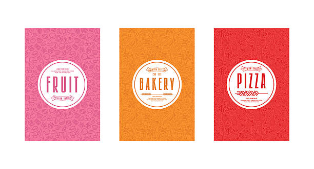 Set of template labels for bakery, pizza, fruit Set of seamless pattern and template labels for bakery, pizza, fruit pizza designs stock illustrations