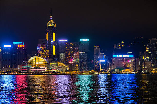 istock Hong Kong Convention and Exhibition Centre at night. 629049012