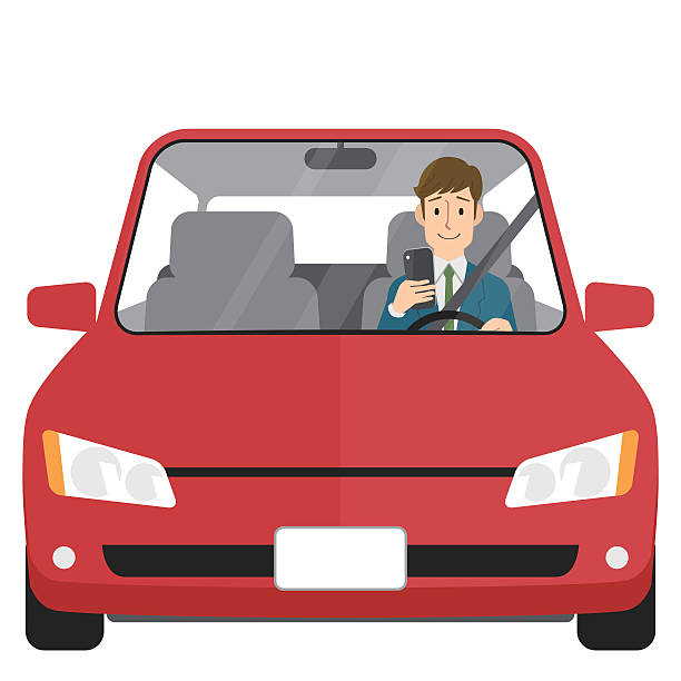 Man in car looking at smartphone Man in car looking at smartphone. car traffic jam traffic driving stock illustrations