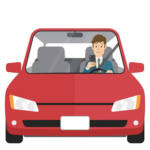 Vector illustration of Man in car looking at smartphone