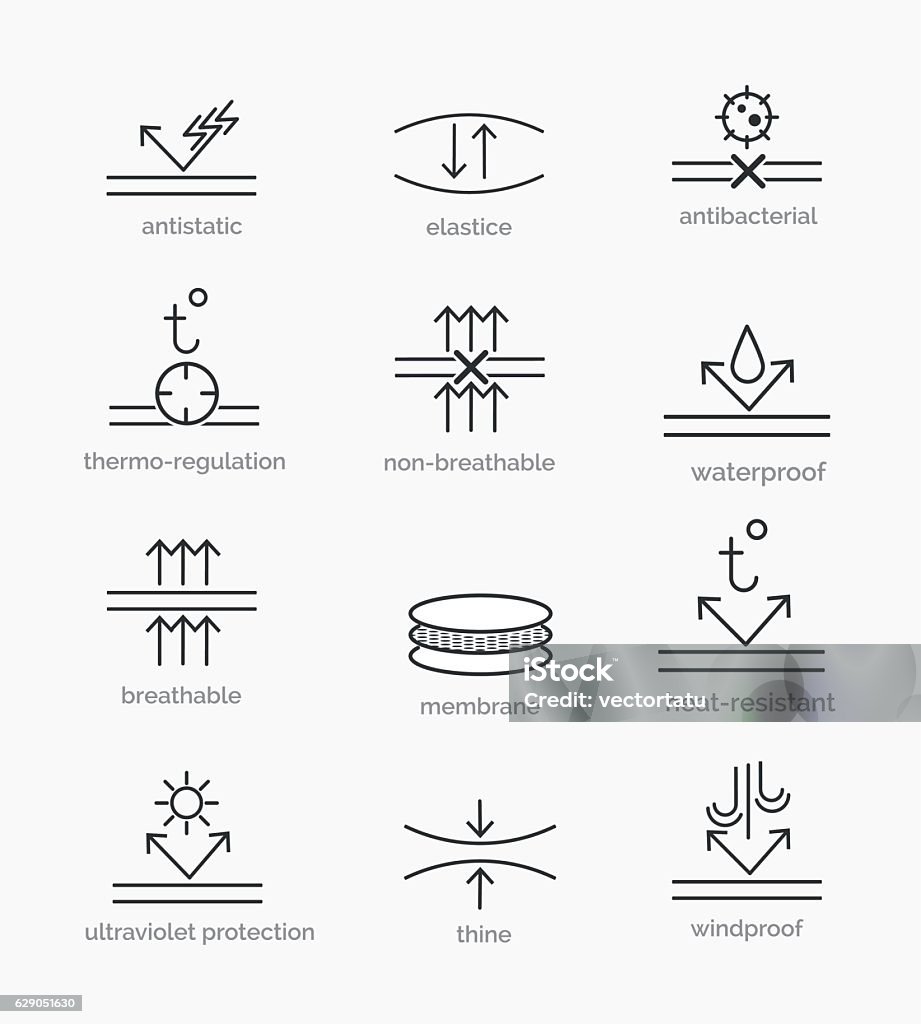 Fabric properties icons Fabric properties and garment material features icons. Vector illustration Icon Symbol stock vector