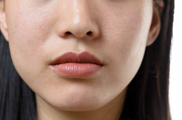 View of the lower facial features of a woman Cropped view of the lower facial features and closed mouth of a young Chinese woman with a serene calm expression and long dark hair human nose stock pictures, royalty-free photos & images