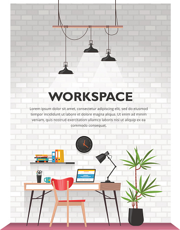 Creative office interior in loft space with white vintage brick wall. Modern cozy workspace with wooden table, laptop, desk lamp, book shelf, folders, plants, clock etc. Vector illustration.