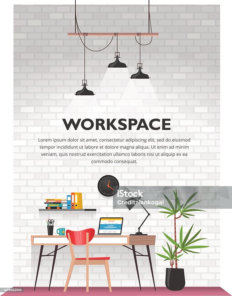 Creative office interior in loft space. Creative office interior in loft space with white vintage brick wall. Modern cozy workspace with wooden table, laptop, desk lamp, book shelf, folders, plants, clock etc. Vector illustration. Office stock vector