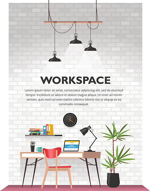 Creative office interior in loft space. Creative office interior in loft space with white vintage brick wall. Modern cozy workspace with wooden table, laptop, desk lamp, book shelf, folders, plants, clock etc. Vector illustration. cool office backgrounds stock illustrations
