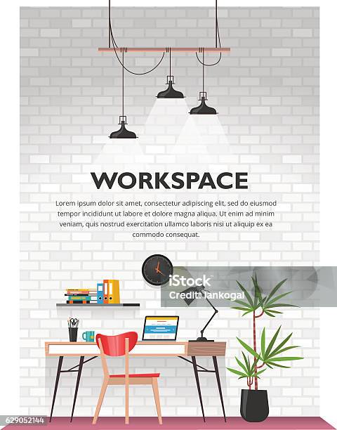 Creative Office Interior In Loft Space Stock Illustration - Download Image Now - Office, Desk, Backgrounds