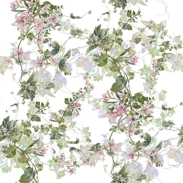 Photo of Watercolor painting of leaf and flowers, seamless pattern