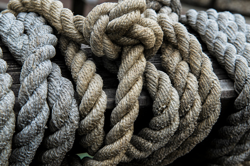 Mooring ropes on the deck of a ferry on Lake Como at Como, Italy.