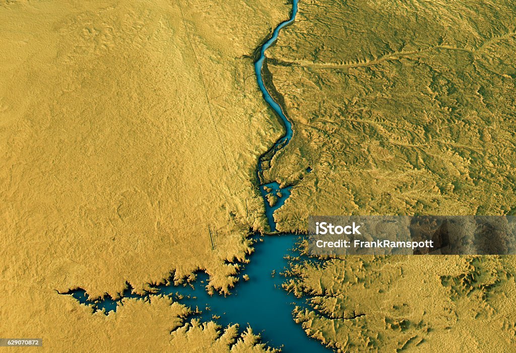 Aswan Dam 3D Landscape View South-North Natural Color 3D Render of a Topographic Map of the Aswan Dam, Egypt. Nile River Stock Photo