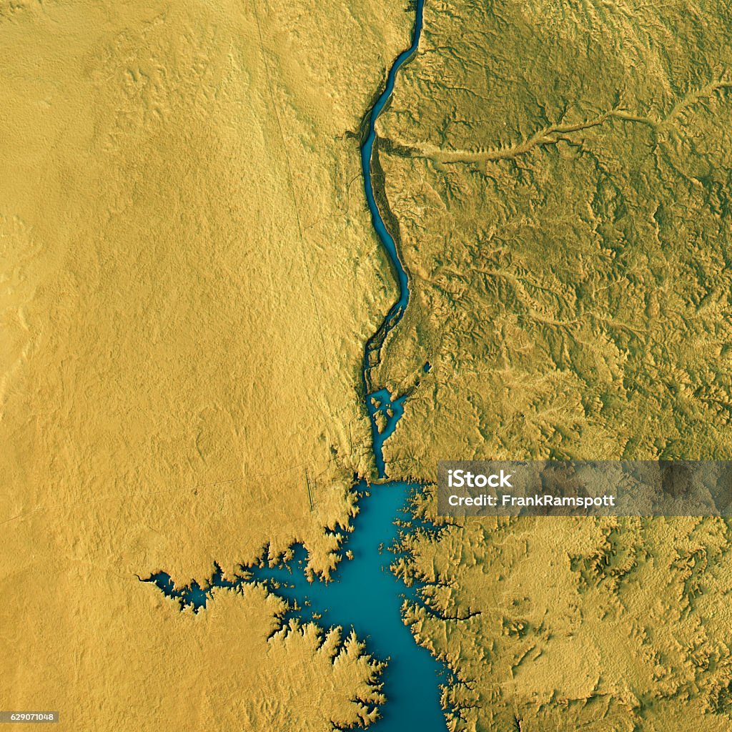 Aswan Dam Topographic Map Natural Color Top View 3D Render of a Topographic Map of the Aswan Dam, Egypt. Aerial View Stock Photo