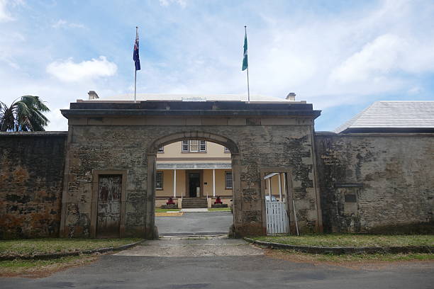 This archway forms part of the high fence around what was the pentagon shaped prison inside the walls. The jail was constructed by the convicts from Great Britain. Today a few foundations of the jail remain but the fence is still standing tall! 