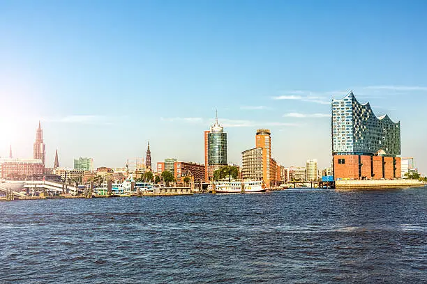 Hamburg skyline with Landungsbrücken and Elbphilharmonie