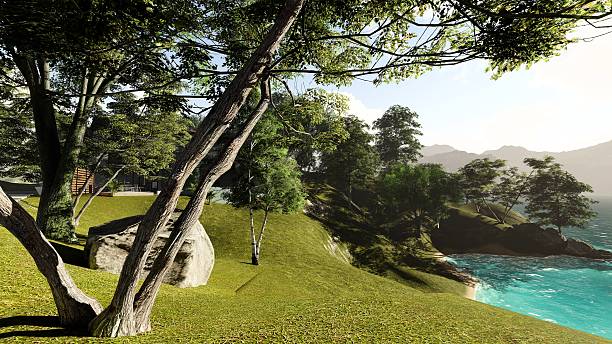 istock Tree at the lake shore in summer 3d rendering 629076500