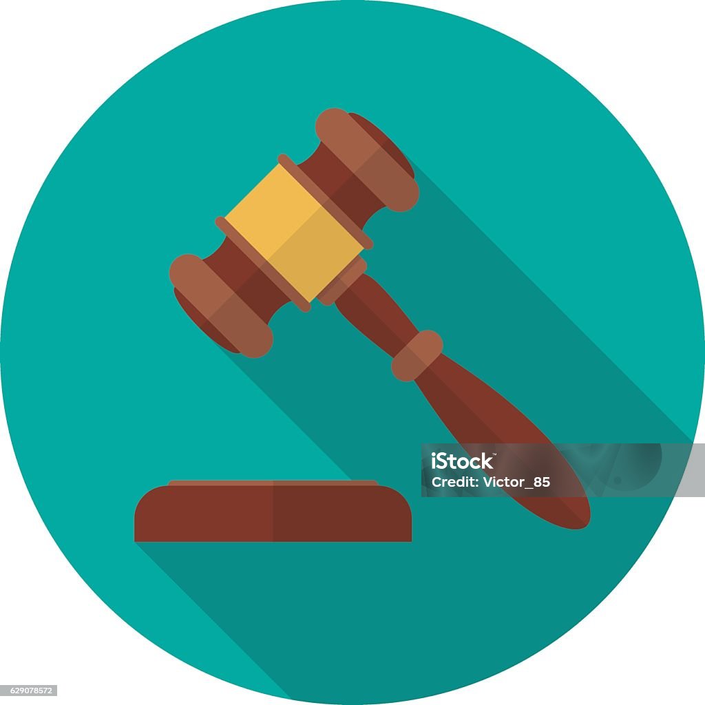 Judge gavel or auction hammer icon with long shadow. Judge gavel or auction hammer icon with long shadow. Flat design style. Modern round icon. Judge hammer silhouette. Simple circle icon. Web site page and mobile app design vector element. Icon Symbol stock vector