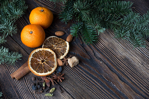 istock Tangerines  and decorations for the holiday table 629078826