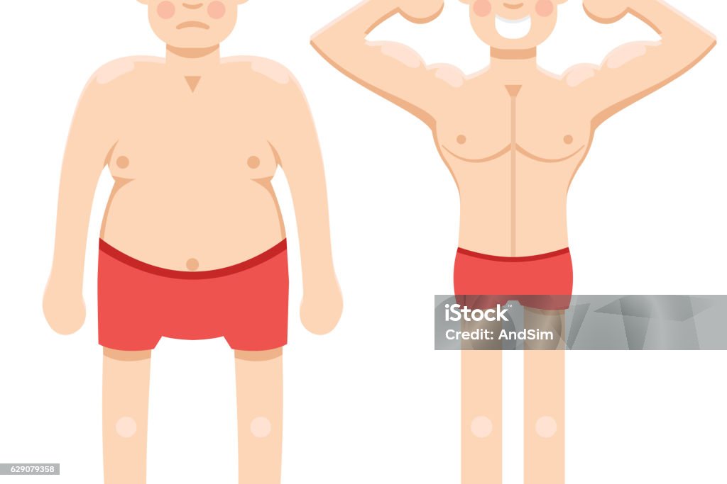 Before and after weight loss half Adipose Cell stock vector