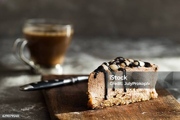 Vegan Chocolate Mousse Cake And Coffee On A Stone Background Stock Photo - Download Image Now