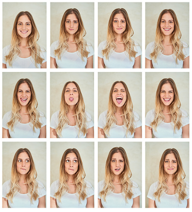 Composite shot of a young woman making various facial expressions in studio