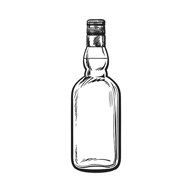 Unopened, unlabeled full whiskey bottle Unopened, unlabeled full whiskey bottle, sketch style vector illustration isolated on white background. black and white hand drawing of an unlabeled, unopened whiskey, rum, brandy bottle volume fluid capacity stock illustrations