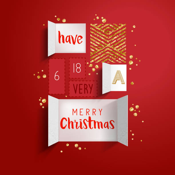 Christmas advent calendar Christmas advent calendar doors open to reveal a festive message with gold details. Vector illustration advent calendar stock illustrations