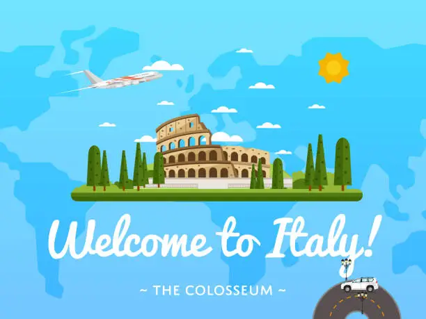 Vector illustration of Welcome to Italy poster with famous attraction