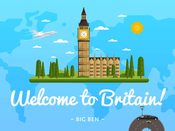 добро пожаловать в британию плакат с известным притяжения - airplane europe transportation big ben stock illustrations