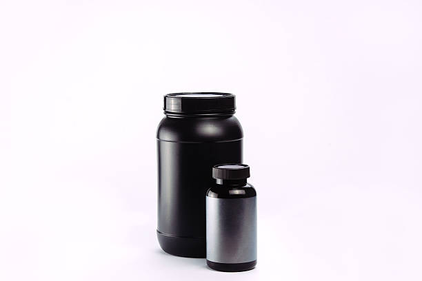 istock Sport Nutrition, Whey Protein and Gainer. Black Plastic Jars iso 629112162