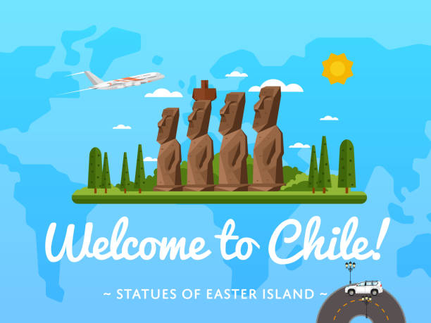 добро пожаловать в чили плакат с известным аттракционом - polynesia moai statue island chile stock illustrations