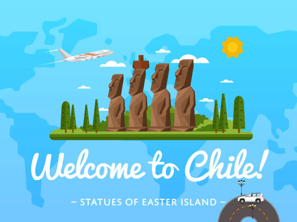Welcome to Chile poster with famous attraction Welcome to Chile poster with famous attraction vector illustration. Travel design with Moai statues from Easter island. Worldwide air traveling, time to travel, discover new historical places moai statue rapa nui stock illustrations