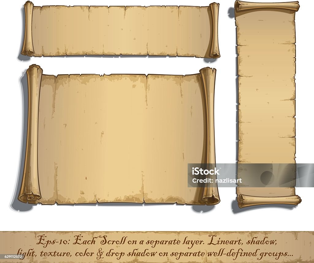 Three Cartoon Scrolls Lying Flat Set of three vector Cartoon illustrations of aged blank scrolls. Each Scroll on a separate layer,  Lines, Shadow, Lights, Color & Drop Shadow on separate groups for easy editing. Paper Scroll stock vector