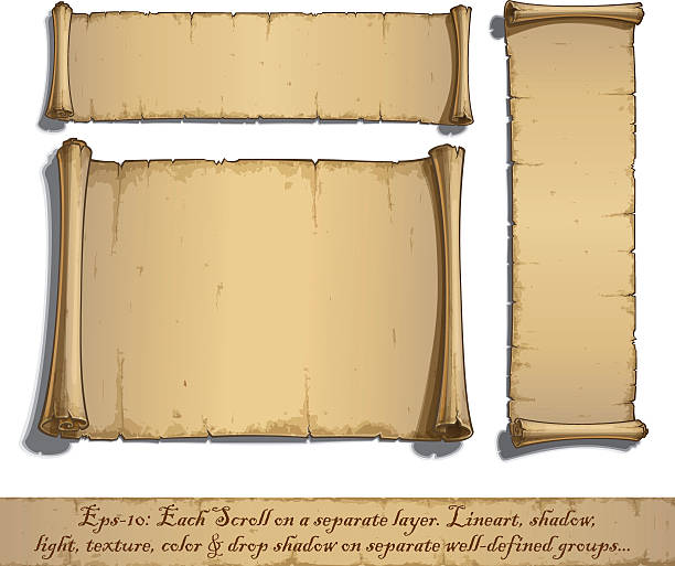 Three Cartoon Scrolls Lying Flat Set of three vector Cartoon illustrations of aged blank scrolls. Each Scroll on a separate layer,  Lines, Shadow, Lights, Color & Drop Shadow on separate groups for easy editing. ancient stock illustrations
