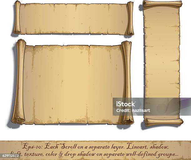 Three Cartoon Scrolls Lying Flat Stock Illustration - Download Image Now - Paper Scroll, Old, Parchment