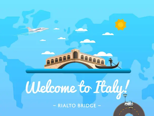 Vector illustration of Welcome to Italy poster with famous attraction