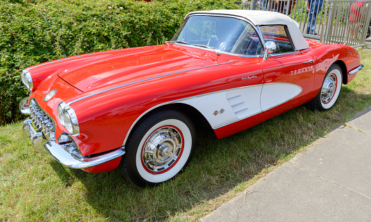 Erlangen, Bavaria, Germany, july 23rd 2017, side view of a white German, 1st generation, 1960 Chevrolet Corvette C1 convertible \